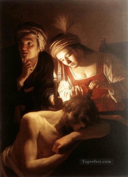  Noche Pintura - Sansón y Dalila durante la noche a la luz de las velas Gerard van Honthorst